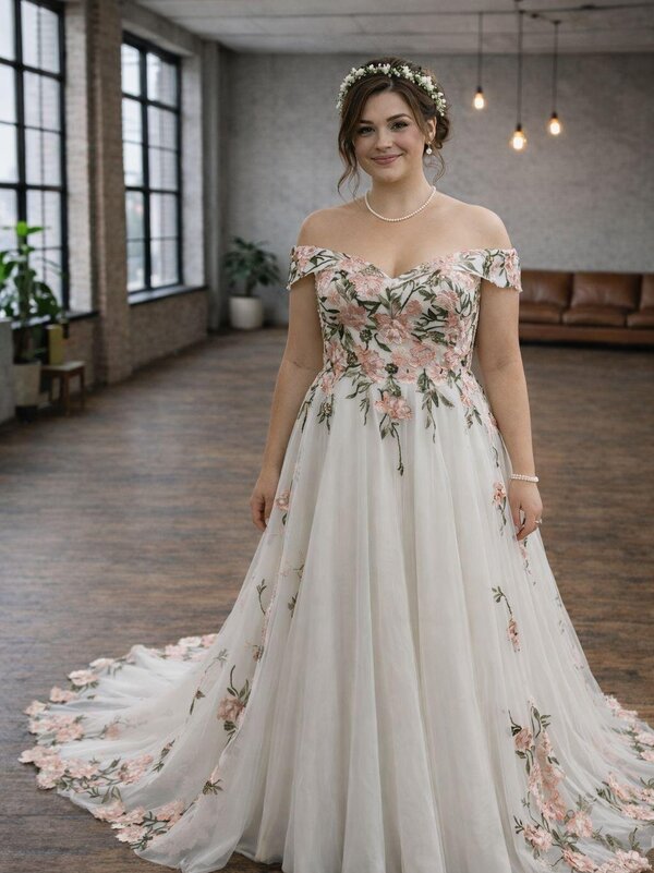 Brautkleid_floral_Carmenkragen_Curvy Brautkleid_floral_Carmenkragen_Curvy